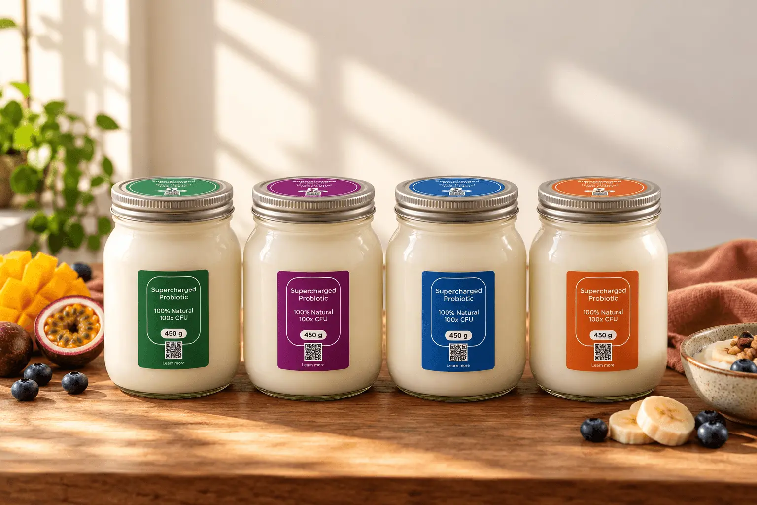 Four jars of Bacilibloom probiotic yogurt in a row on a wooden table, with green, purple, blue and orange labels